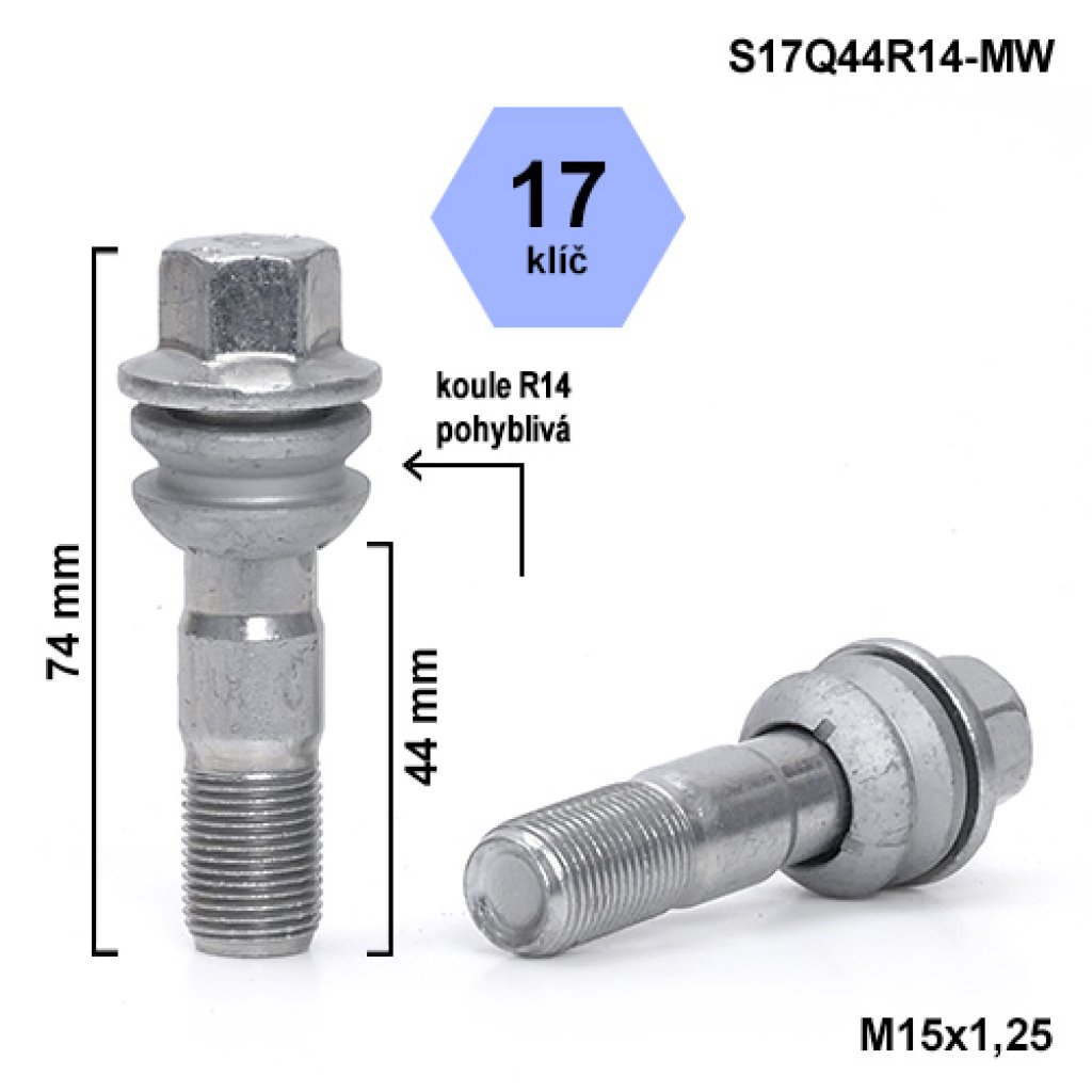 Kolový šroub M15x1,25x44 kulová R14 pohyblivá, klíč 17 (S17Q44R14F-MW) výška 74mm