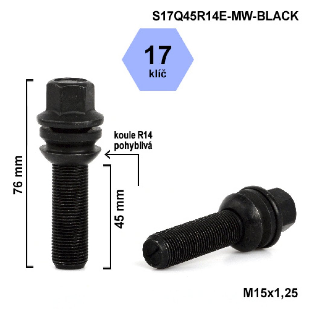 Kolový šroub M15x1,25x45 kulová R14 pohyblivá, klíč 17 (S17Q45R14E-MW-BLACK) výška 76mm
