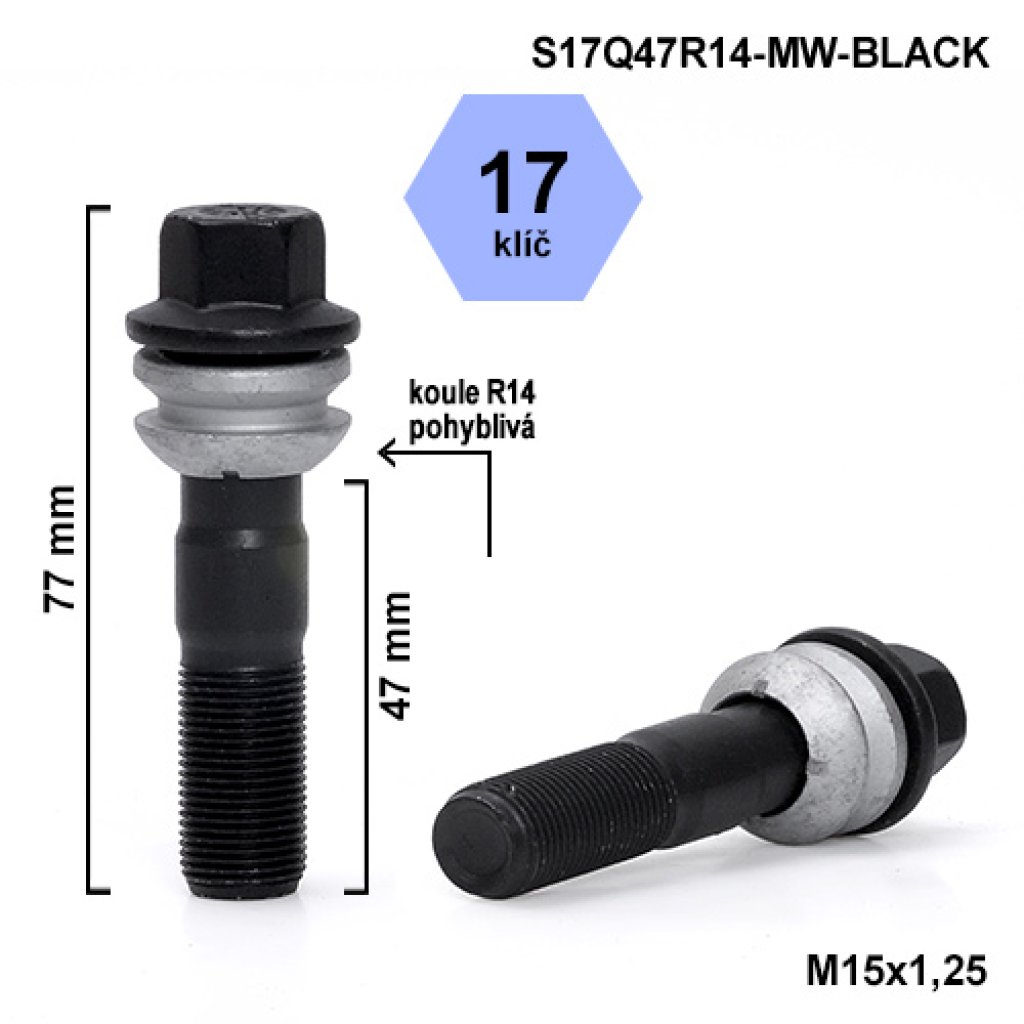 Kolový šroub M15x1,25x47 kulová R14 pohyblivá, klíč 17 (S17Q47R14F-MW-BLACK) výška 77mm