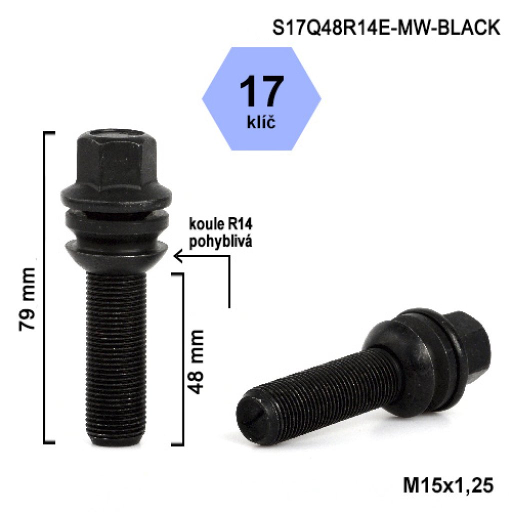 Kolový šroub M15x1,25x48 kulová R14 pohyblivá, klíč 17 (S17Q48R14E-MW-BLACK) výška 79mm