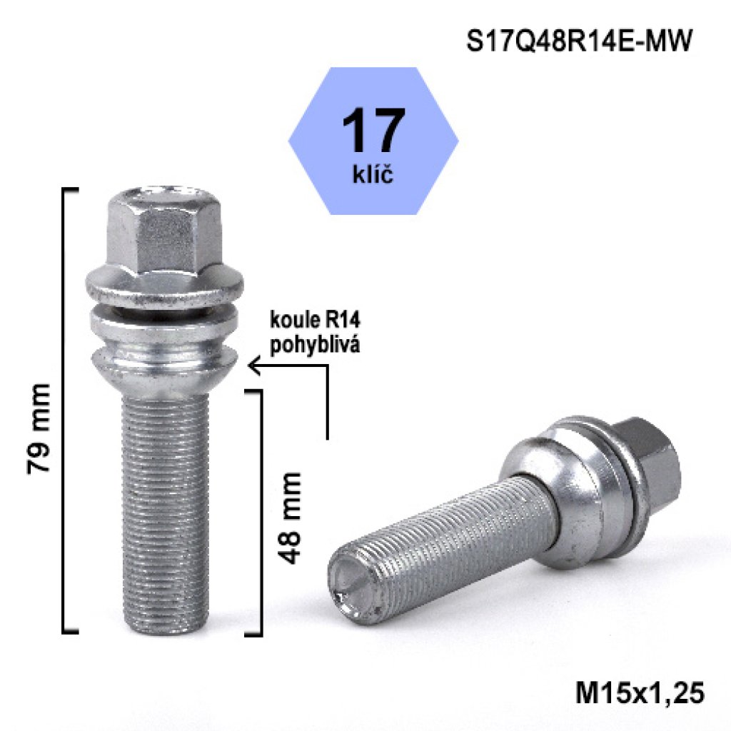 Kolový šroub M15x1,25x48 kulová R14 pohyblivá, klíč 17 (S17Q48R14E-MW) výška 79mm