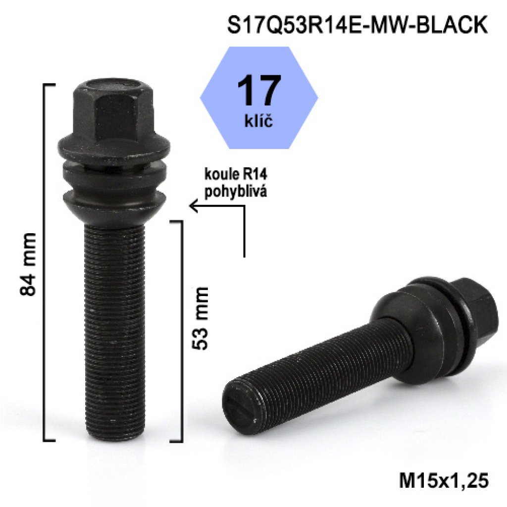 Kolový šroub M15x1,25x53 kulová R14 pohyblivá, klíč 17 (S17Q53R14E-MW-BLACK) výška 84mm