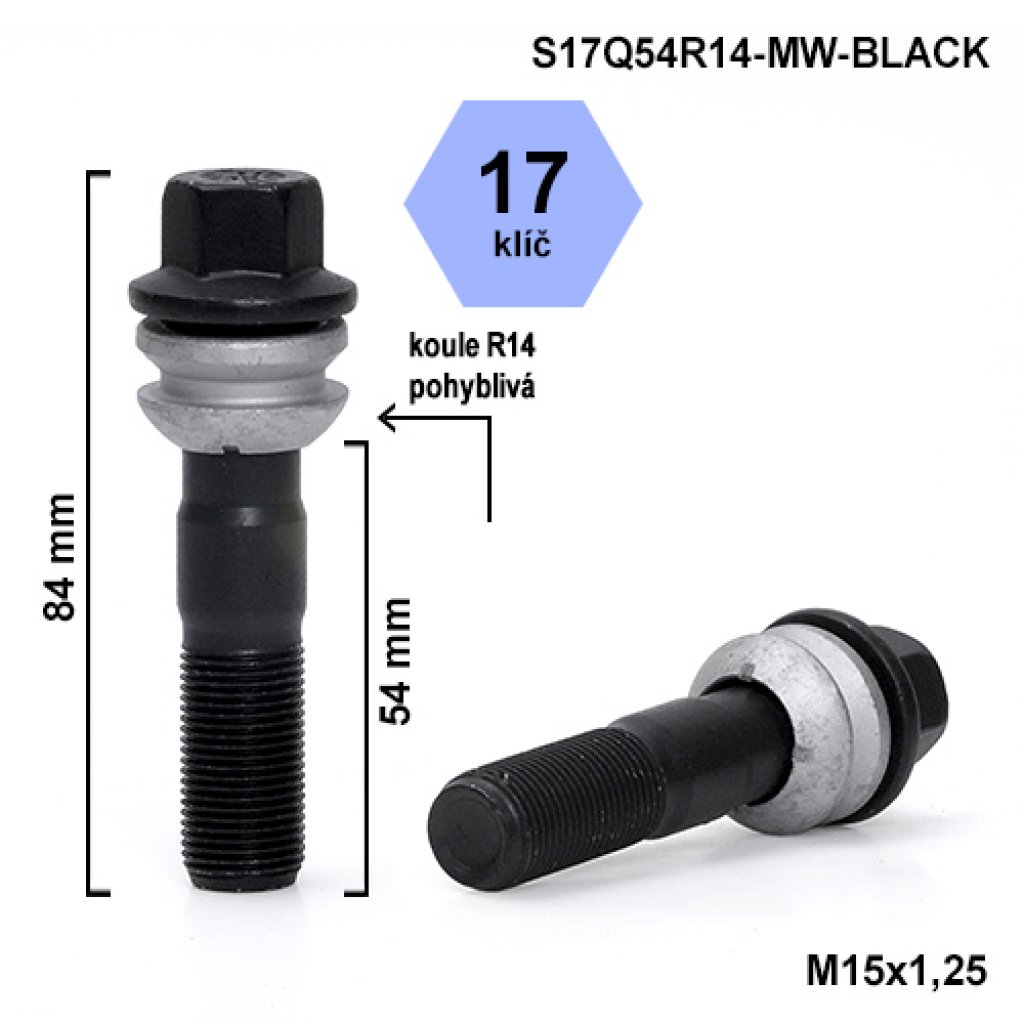 Kolový šroub M15x1,25x54 kulová R14 pohyblivá, klíč 17 (S17Q54R14F-MW-BLACK) výška 84mm