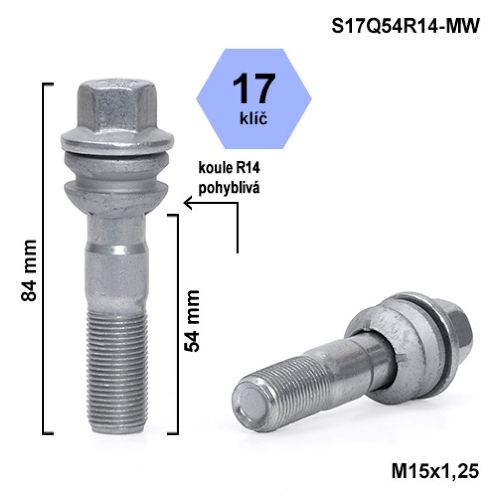 Kolový šroub M15x1,25x54 kulová R14 pohyblivá, klíč 17 (S17Q54R14F-MW) výška 84mm