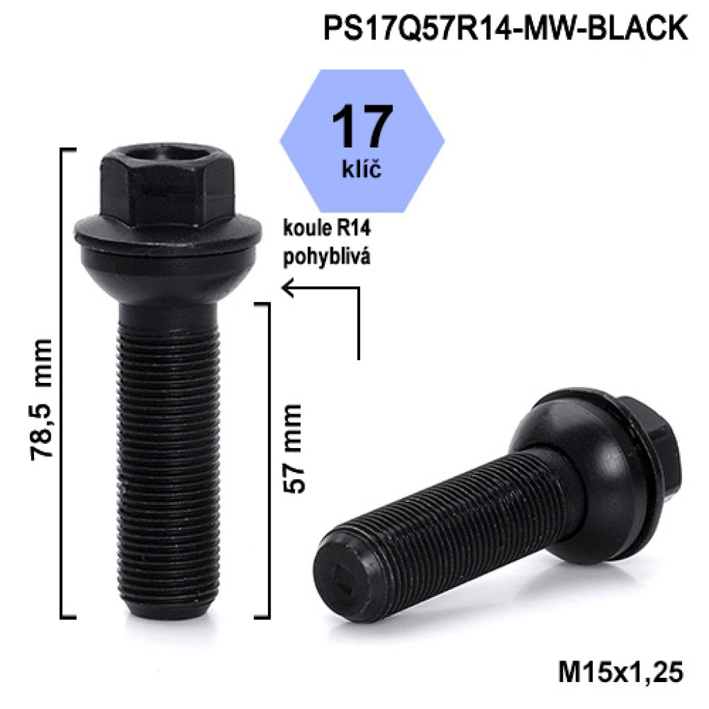 Kolový šroub M15x1,25x57 kulová R14 pohyblivá, klíč 17 (PS17Q57R14-MW-BLACK) výška 78,5mm
