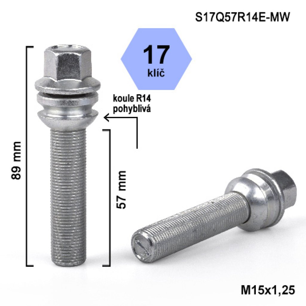 Kolový šroub M15x1,25x57 kulová R14 pohyblivá, klíč 17 (S17Q57R14E-MW) výška 89mm