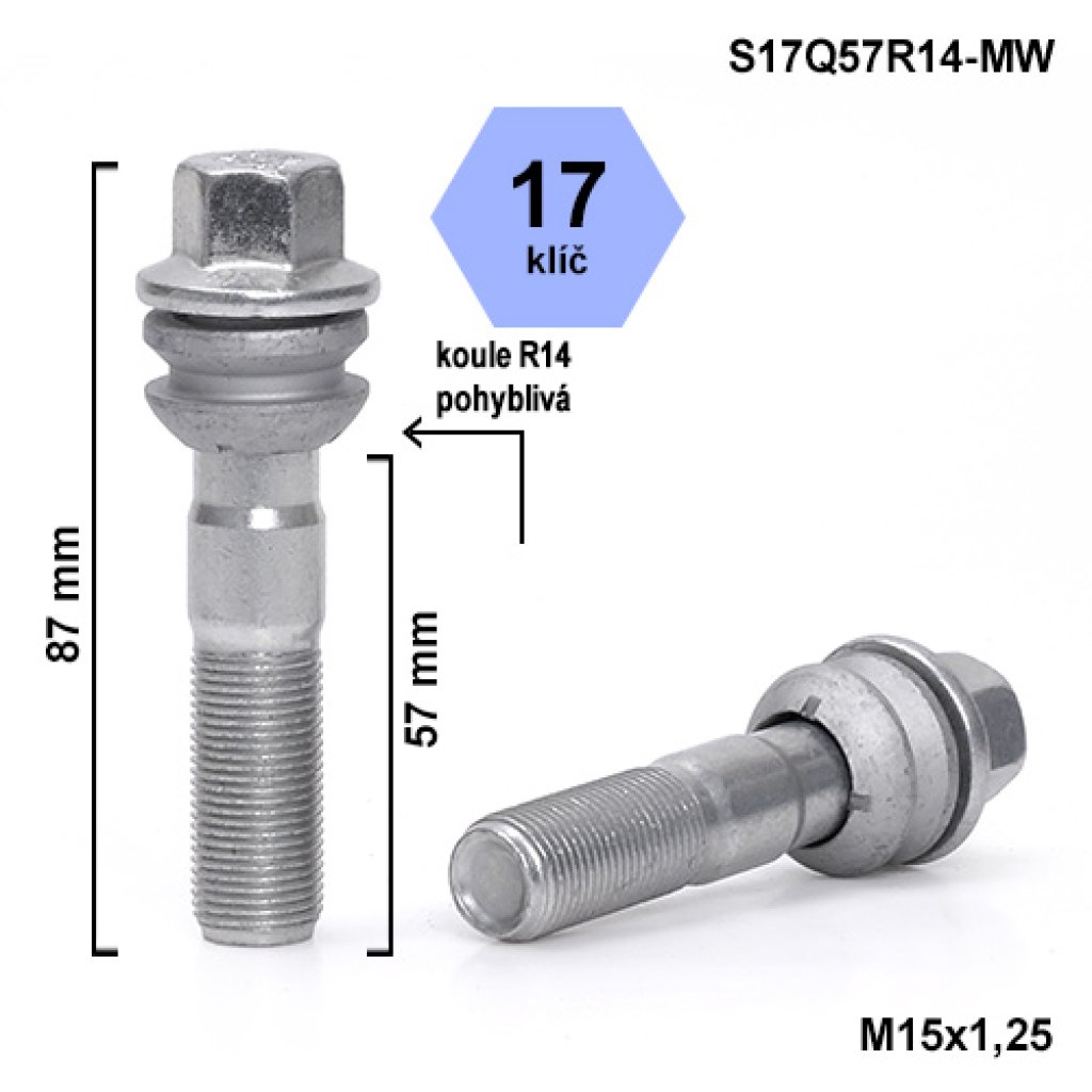 Kolový šroub M15x1,25x57 kulová R14 pohyblivá, klíč 17 (S17Q57R14F-MW) výška 87mm