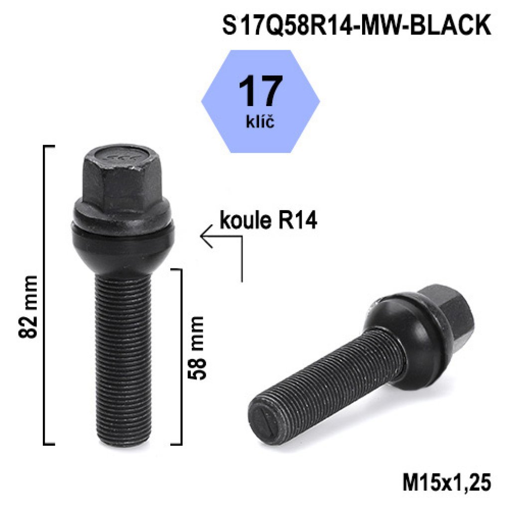 Kolový šroub M15x1,25x58 kulová R14 pohyblivá, klíč 17 (S17Q58R14-MW-BLACK) výška 82mm
