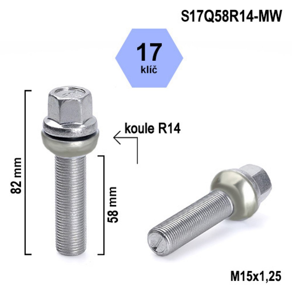 Kolový šroub M15x1,25x58 kulová R14 pohyblivá, klíč 17 (S17Q58R14-MW) výška 82mm