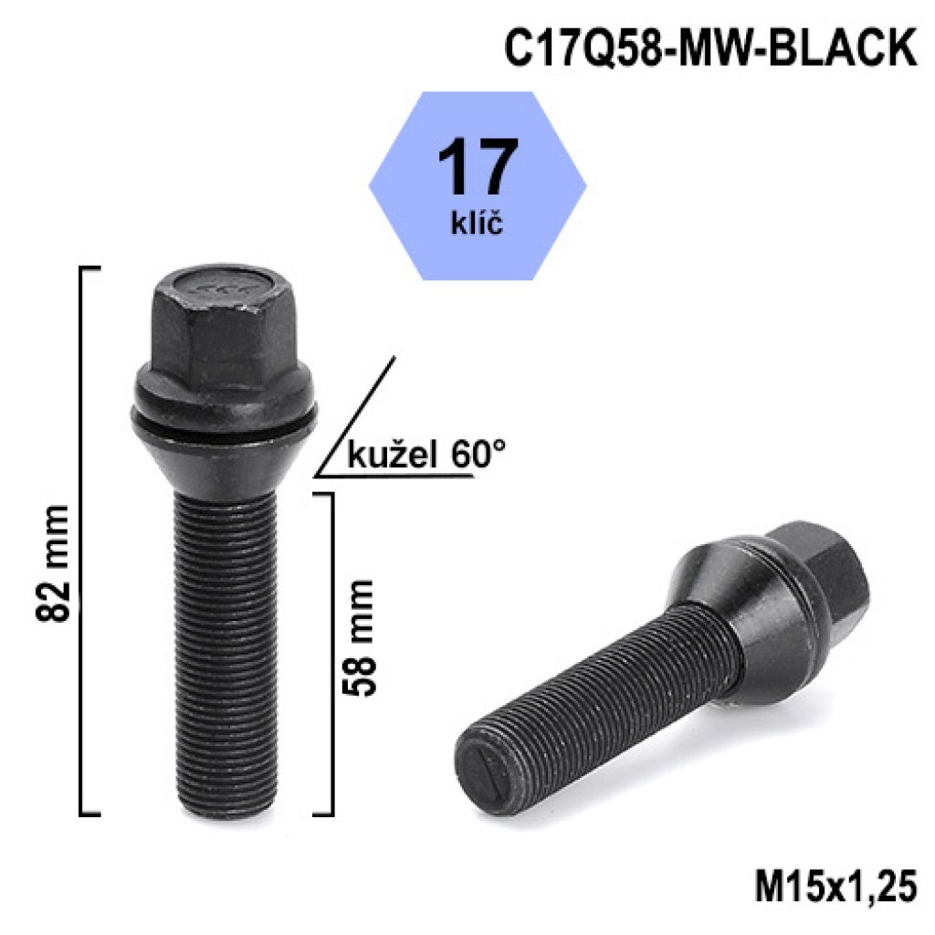 Kolový šroub M15x1,25x58 kužel pohyblivý, černý, klíč 17 (C17Q58-MW-BLACK) výška 82mm