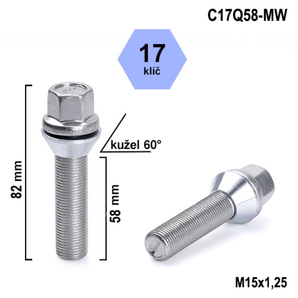 Kolový šroub M15x1,25x58 kužel pohyblivý, klíč 17 (C17Q58-MW) výška 82mm