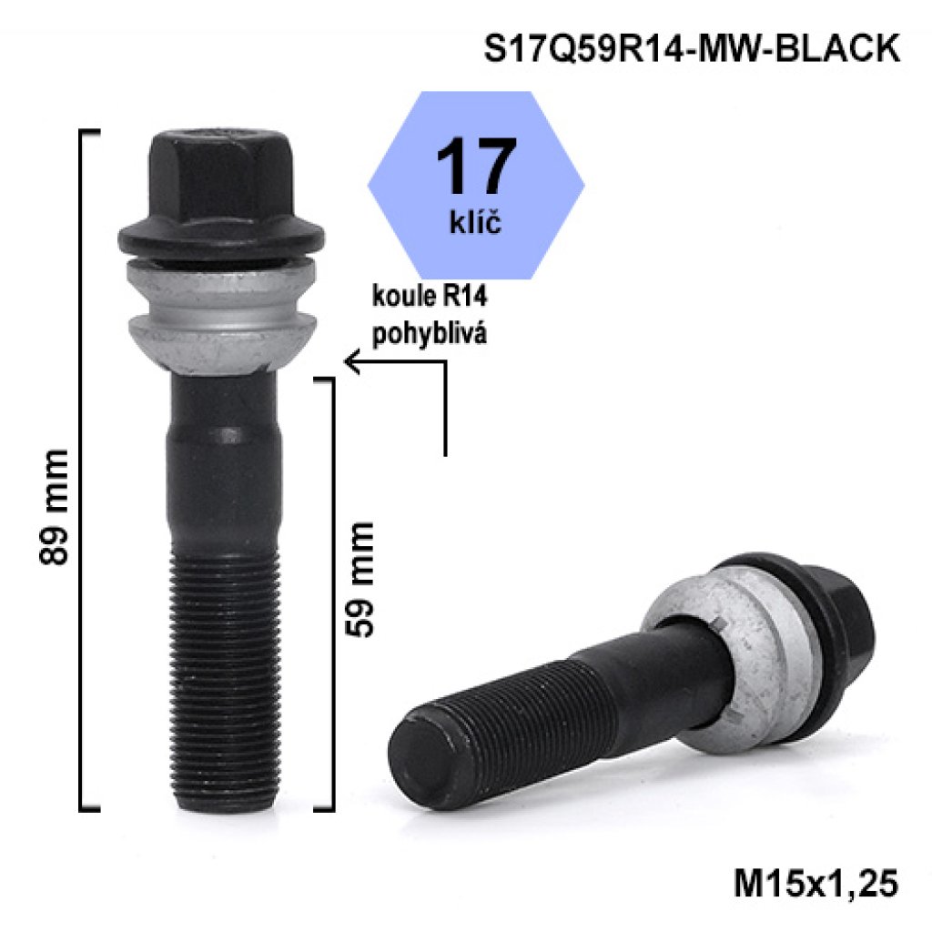 Kolový šroub M15x1,25x59 kulová R14 pohyblivá, klíč 17 (S17Q59R14F-MW-BLACK) výška 89mm