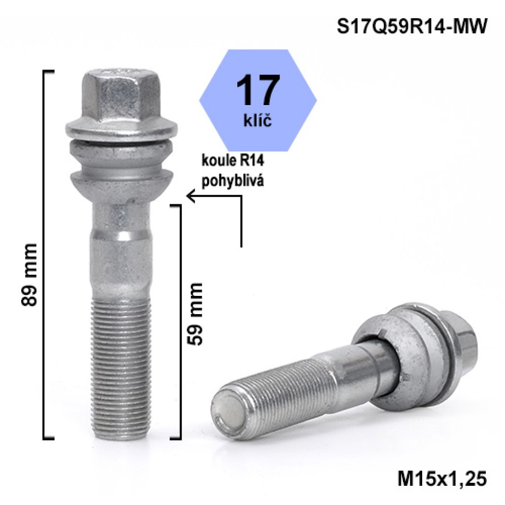 Kolový šroub M15x1,25x59 kulová R14 pohyblivá, klíč 17 (S17Q59R14F-MW) výška 89mm
