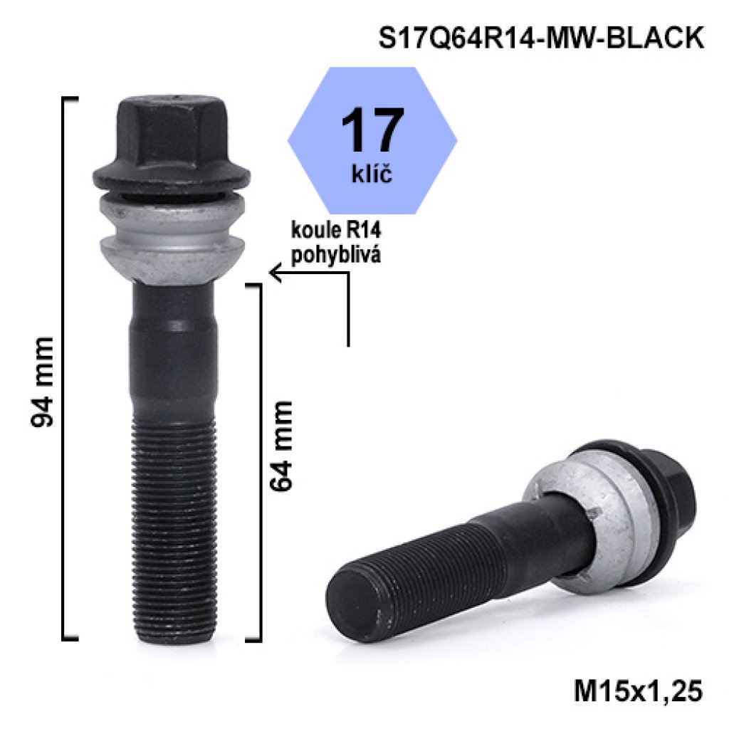 Kolový šroub M15x1,25x64 kulová R14 pohyblivá, klíč 17 (S17Q64R14F-MW-BLACK) výška 94mm