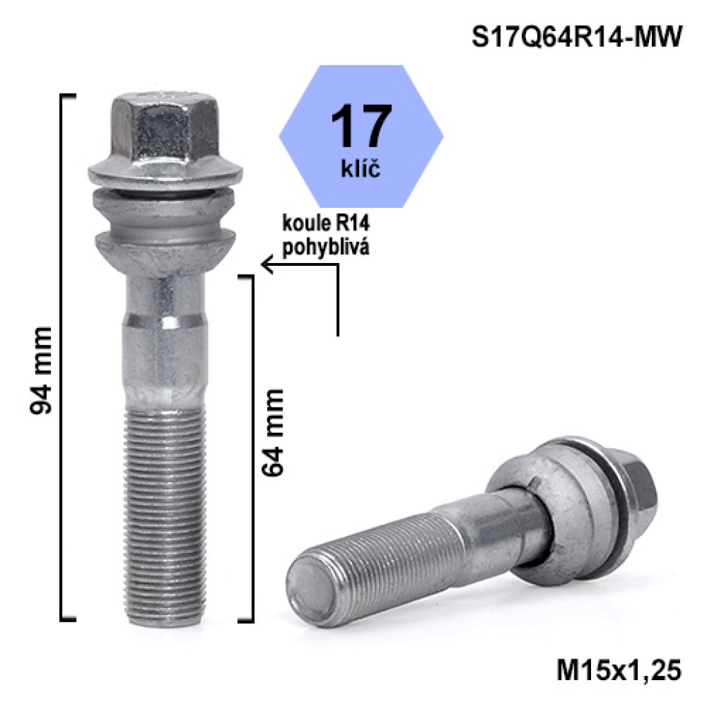 Kolový šroub M15x1,25x64 kulová R14 pohyblivá, klíč 17 (S17Q64R14F-MW) výška 94mm