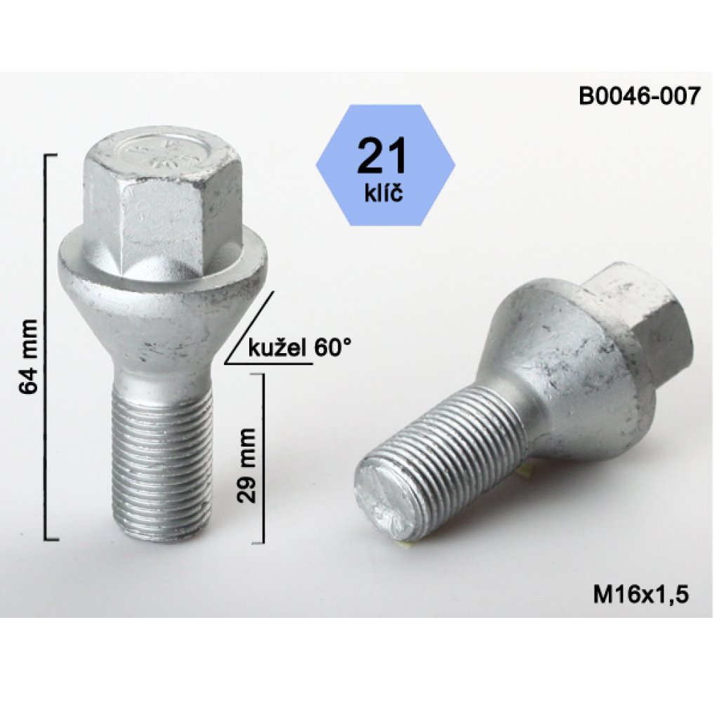 Kolový šroub M16x1,5x29 kužel, klíč 21 (B0046-007) výška 64mm