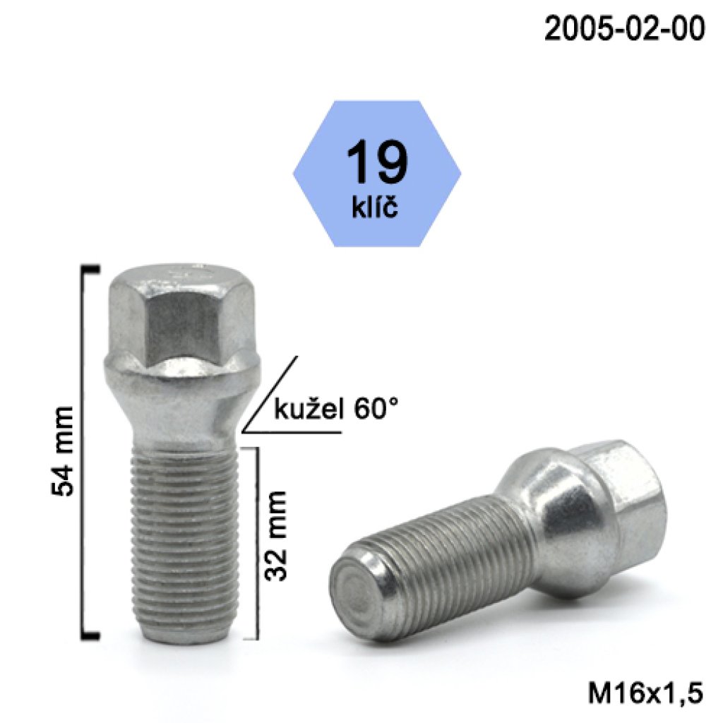 Kolový šroub M16x1,5x32 kužel, klíč 19 (2005-02-00) výška 54mm