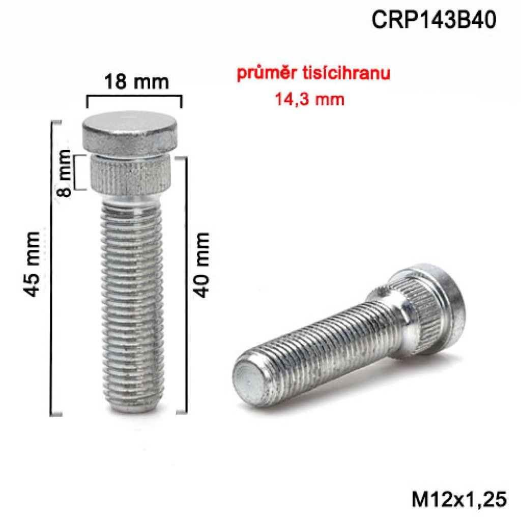 Kolový svorník M12x1,25x40 tisícihran průměr 14,3mm (CRP143B40)(PR19/P) celková délka 45mm