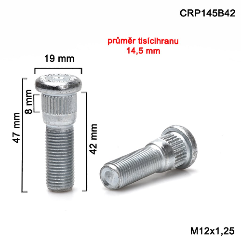 Kolový svorník M12x1,25x42 tisícihran průměr 14,45mm (CRP145B42) celková délka 47mm