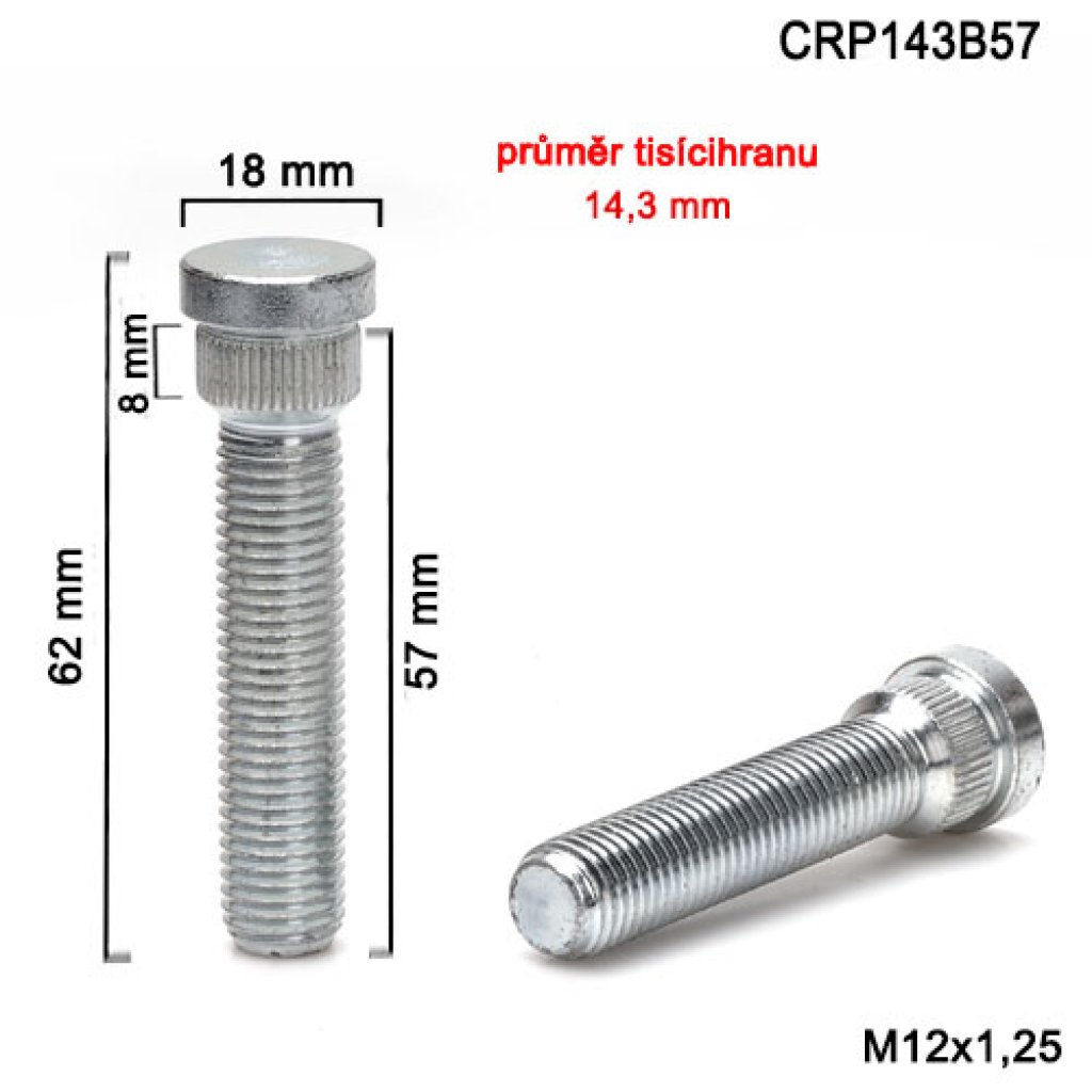 Kolový svorník M12x1,25x57 tisícihran průměr 14,3mm (CRP143B57) celková délka 62mm