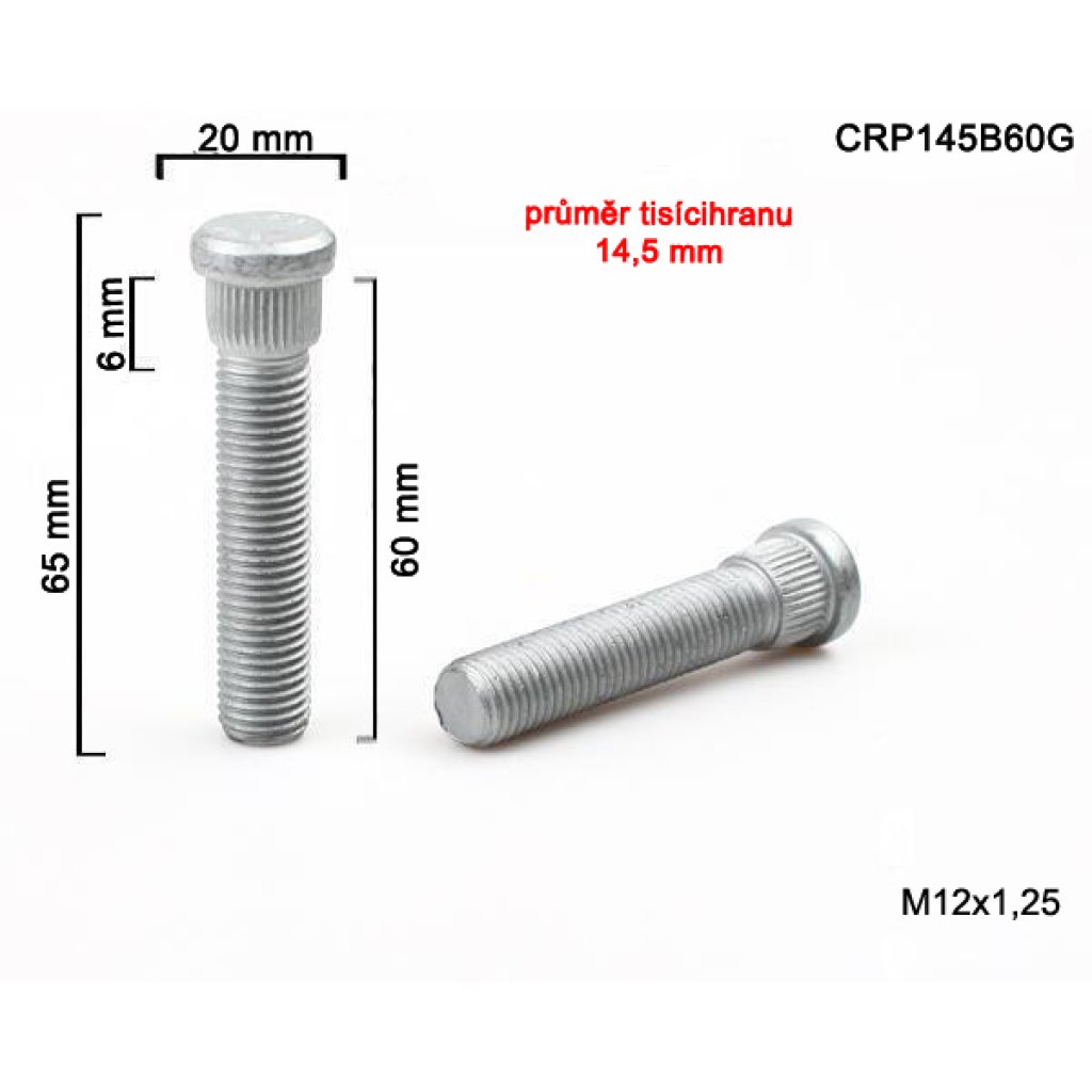 Kolový svorník M12x1,25x60 tisícihran průměr 14,45mm (CRP145B60G) celková délka 65mm
