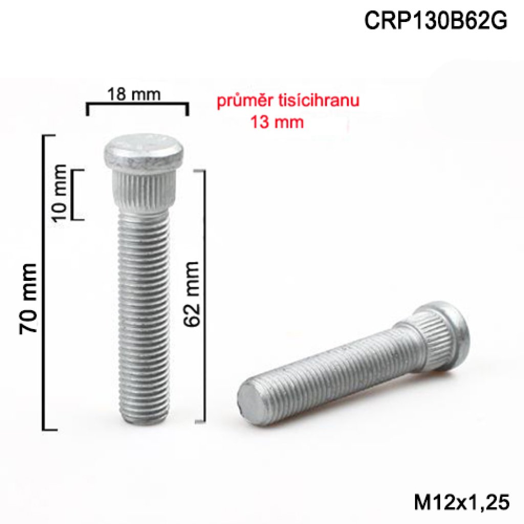 Kolový svorník M12x1,25x62 tisícihran průměr 13mm (CRP130B62G) celková délka 70mm