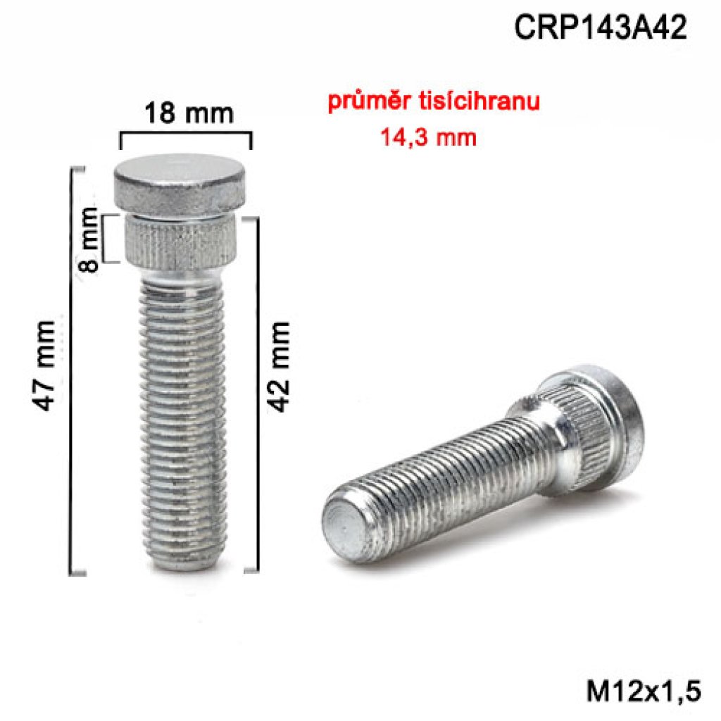 Kolový svorník M12x1,5x42 tisícihran průměr 14,3mm (CRP143A42)(PR13/P) celková délka 47mm