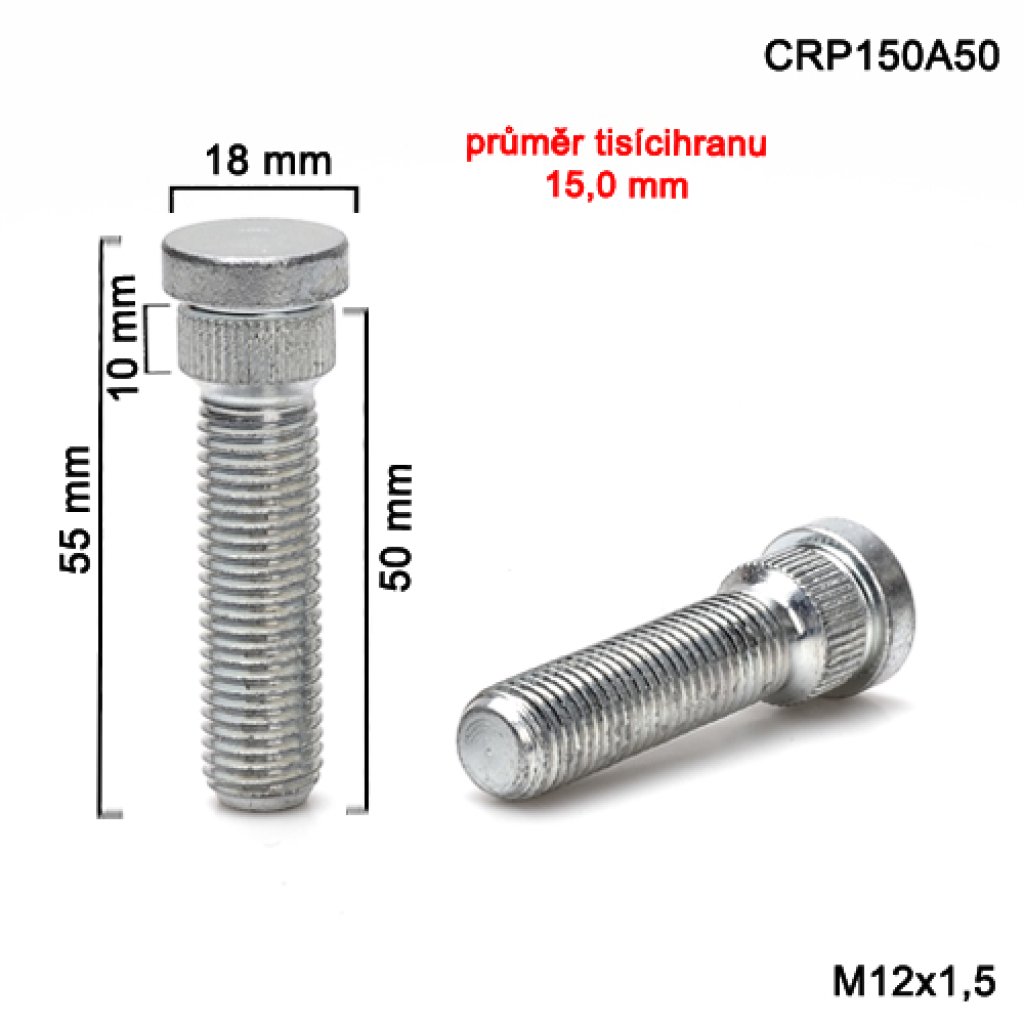 Kolový svorník M12x1,5x50 tisícihran průměr 15,0mm (CRP150A50) celková délka 55mm