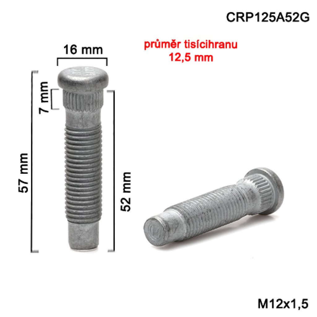 Kolový svorník M12x1,5x52 tisícihran průměr 12,5mm (CRP125A52G) celková délka 57mm