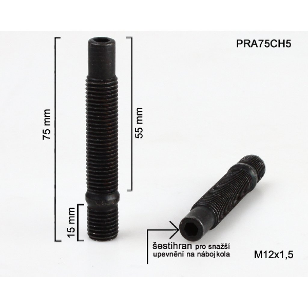 Kolový svorník M12x1,5x55/15 oboustranný závit (PRA75CH5) černý, celková délka 75mm