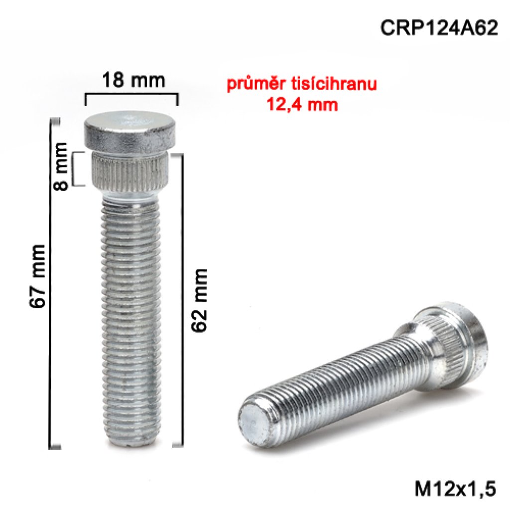 Kolový svorník M12x1,5x62 tisícihran průměr 12,4mm (CRP124A62) celková délka 67mm