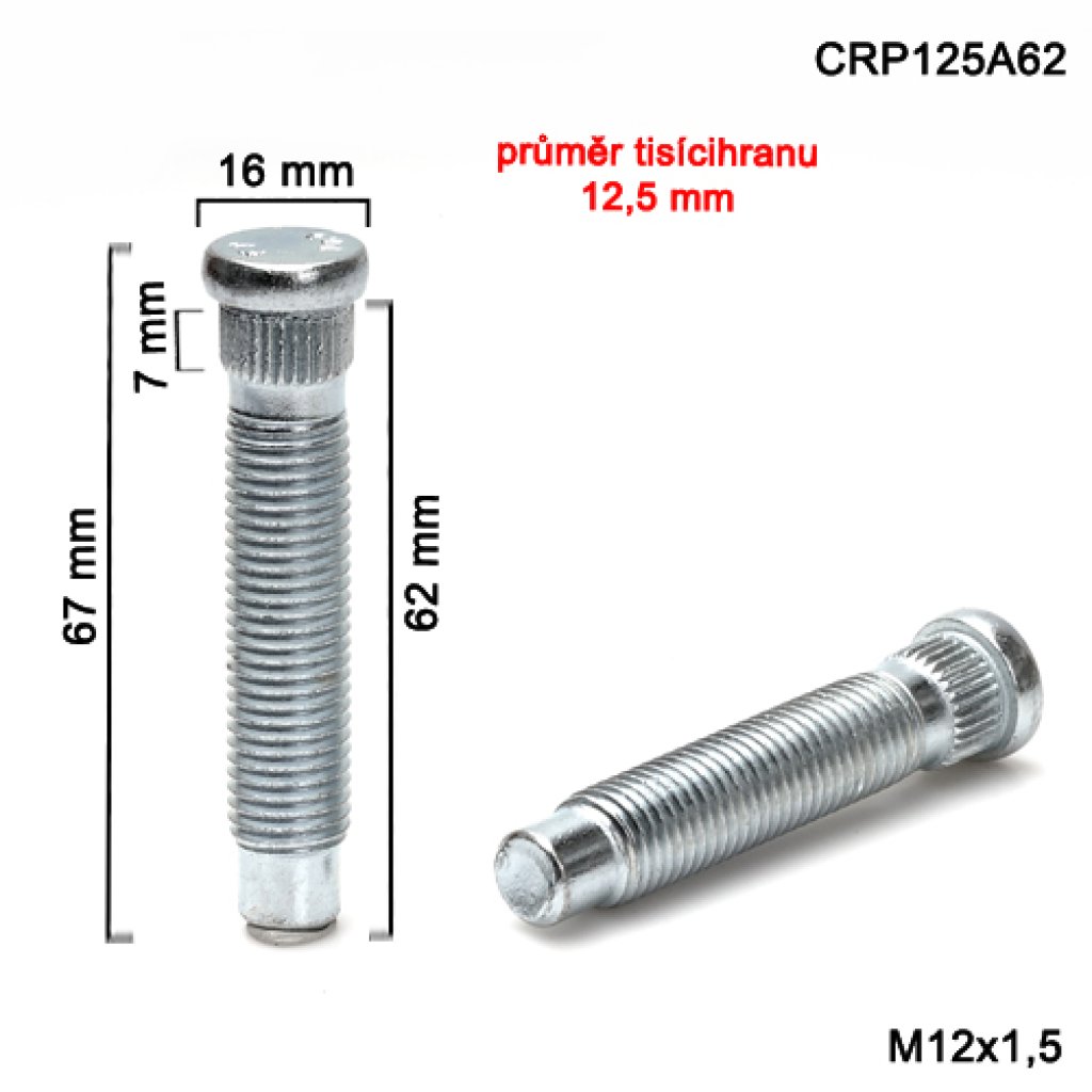 Kolový svorník M12x1,5x62 tisícihran průměr 12,5mm (CRP125A62) celková délka 67mm