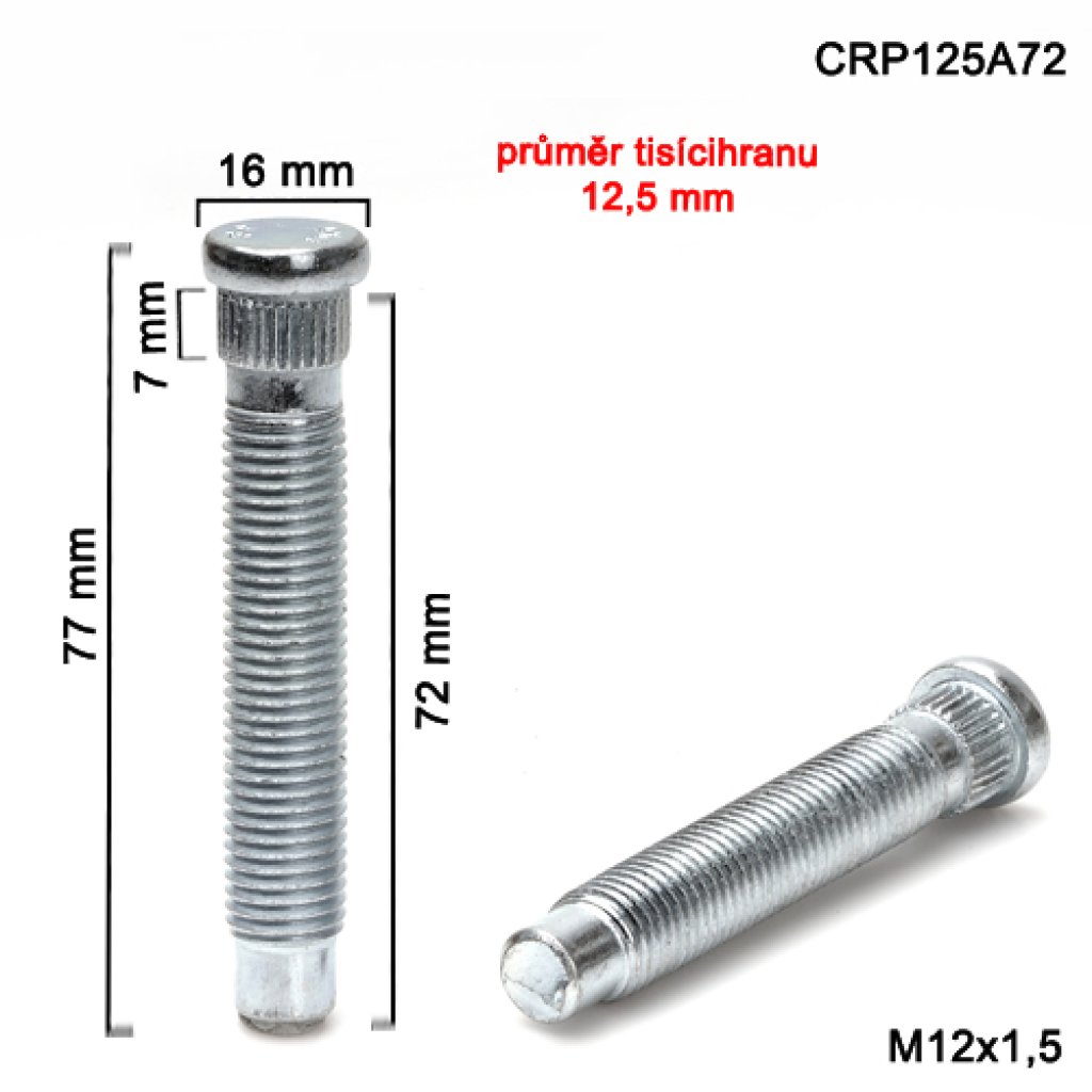 Kolový svorník M12x1,5x72 tisícihran průměr 12,5mm (CRP125A72) celková délka 77mm