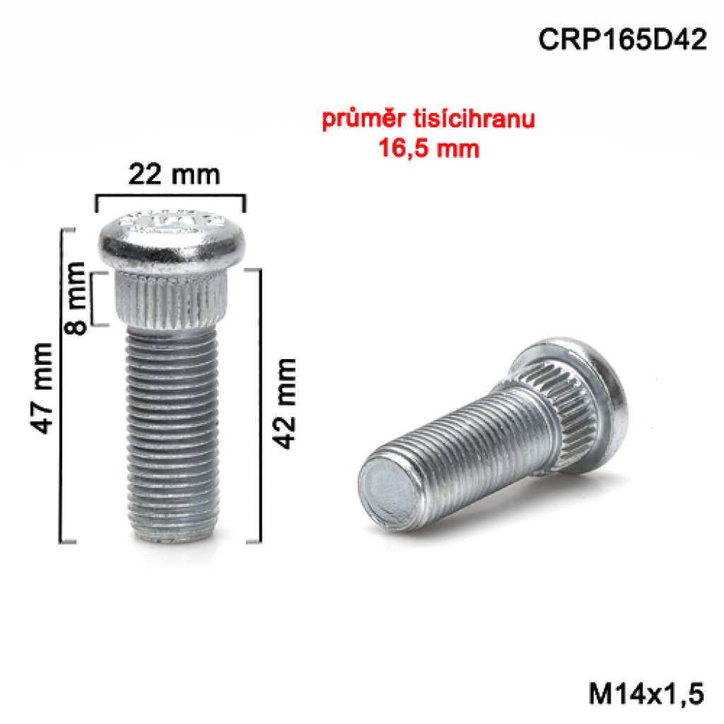 Kolový svorník M14x1,5x42 tisícihran průměr 16,5mm (CRP165D42) celková délka 47mm