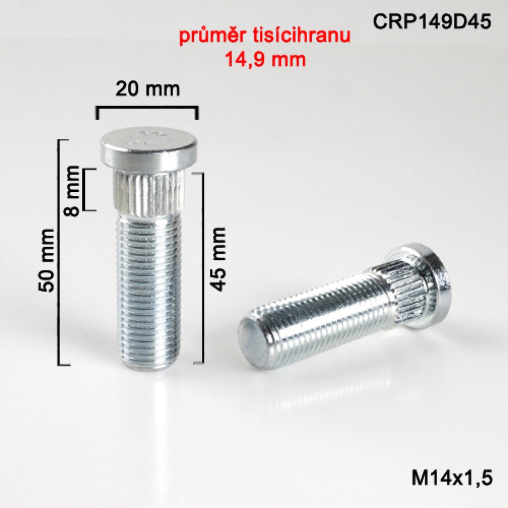 Kolový svorník M14x1,5x45 tisícihran průměr 14,9mm (CRP149D45) celková délka 50mm