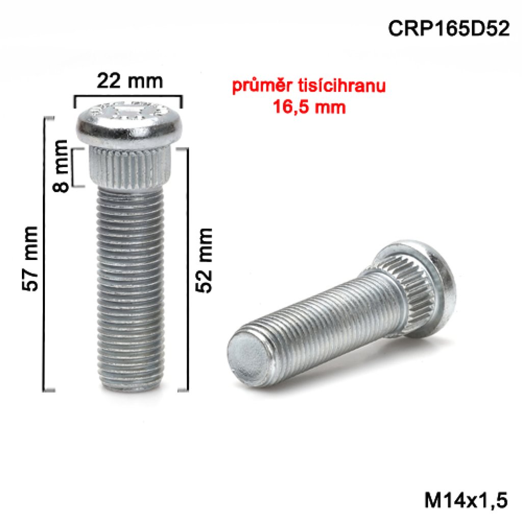 Kolový svorník M14x1,5x52 tisícihran průměr 16,5mm (CRP165D52) celková délka 58mm