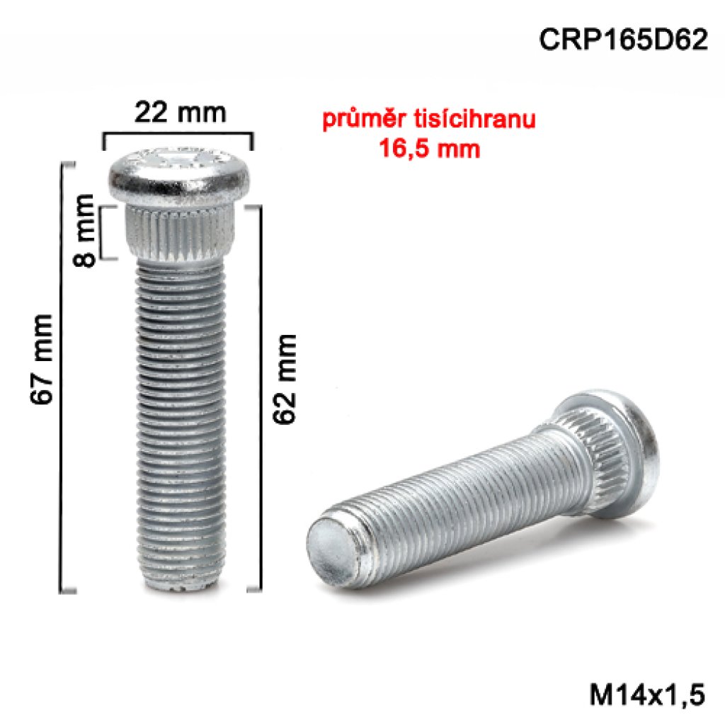 Kolový svorník M14x1,5x62 tisícihran průměr 16,5mm (CRP165D62) celková délka 68mm