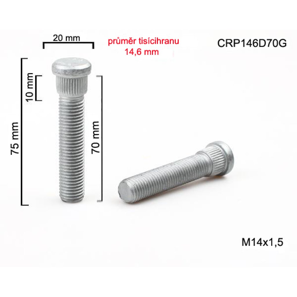 Kolový svorník M14x1,5x70 tisícihran průměr 14,65mm (CRP146D70G) celková délka 75mm
