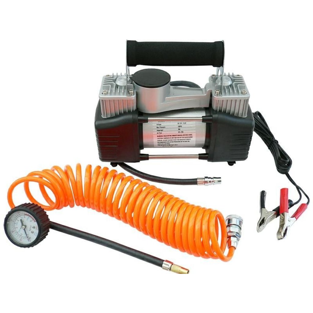 Kompresor dvoupístový s krokosvorkami 12V, 10 bar, s adaptéry, 42706