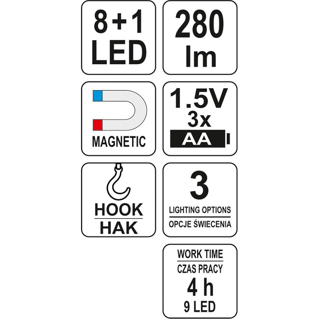 Lampa montážní 8+1 LED, hák+magnet, YATO
