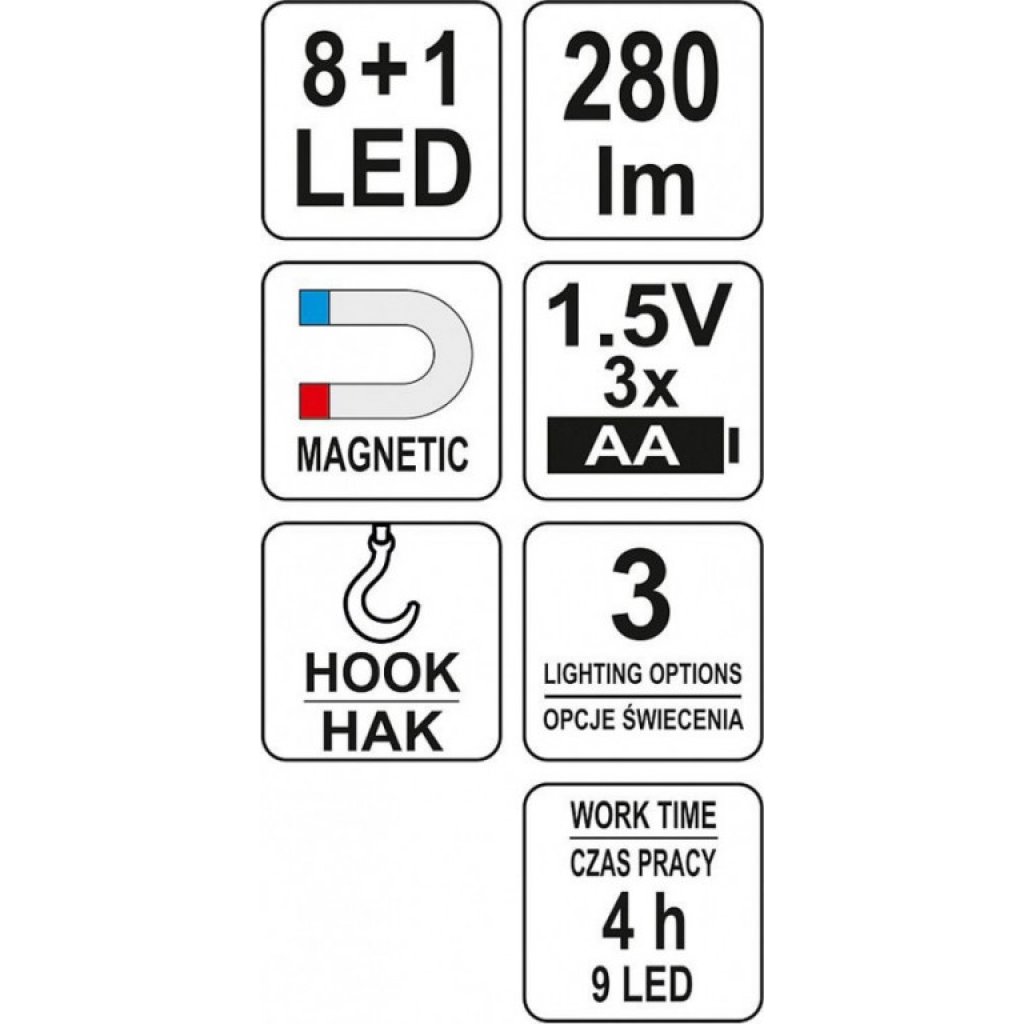 Lampa montážní 8+1 LED, hák+magnet - YT-08513
