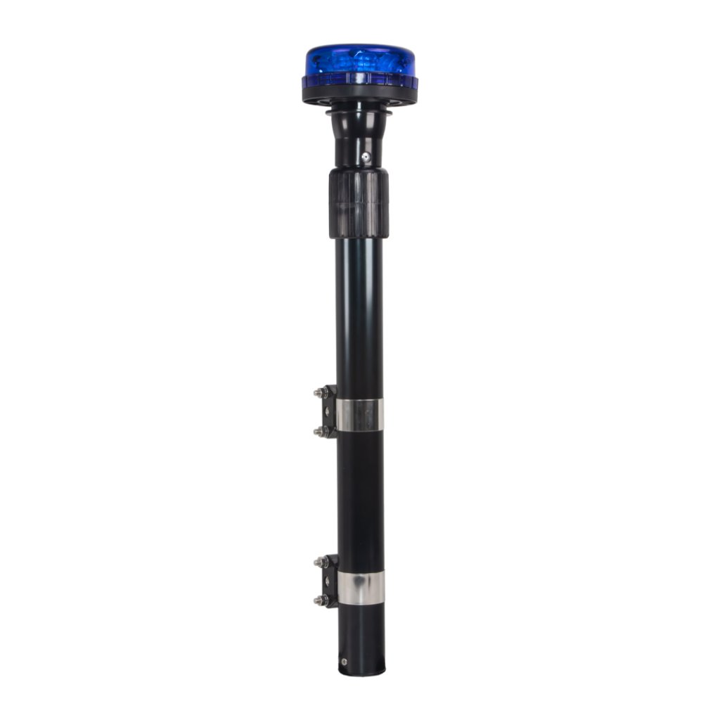 LED maják, 12-24V, 12x3W modrý s teleskopickou tyčí na motocykl, ECE R10