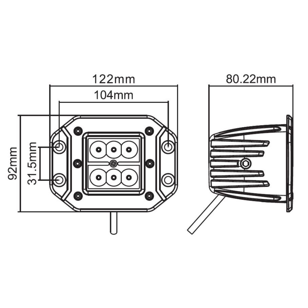 LED světlo hranaté, 6x3W, 122x91x68mm, ECE R10