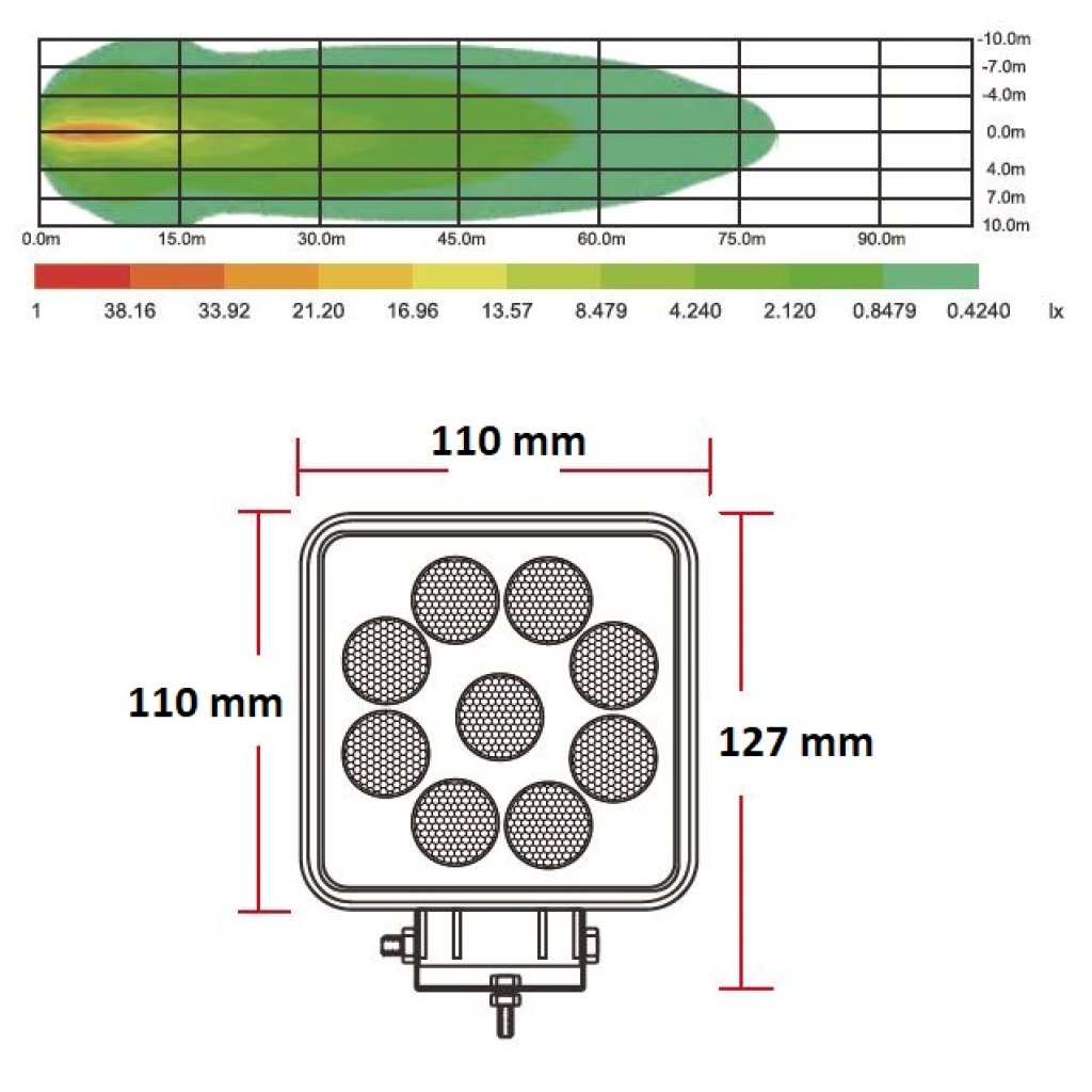 LED světlo hranaté, bílé/oranžové, 9x3W/9x1W, 117x117mm, ECE R10