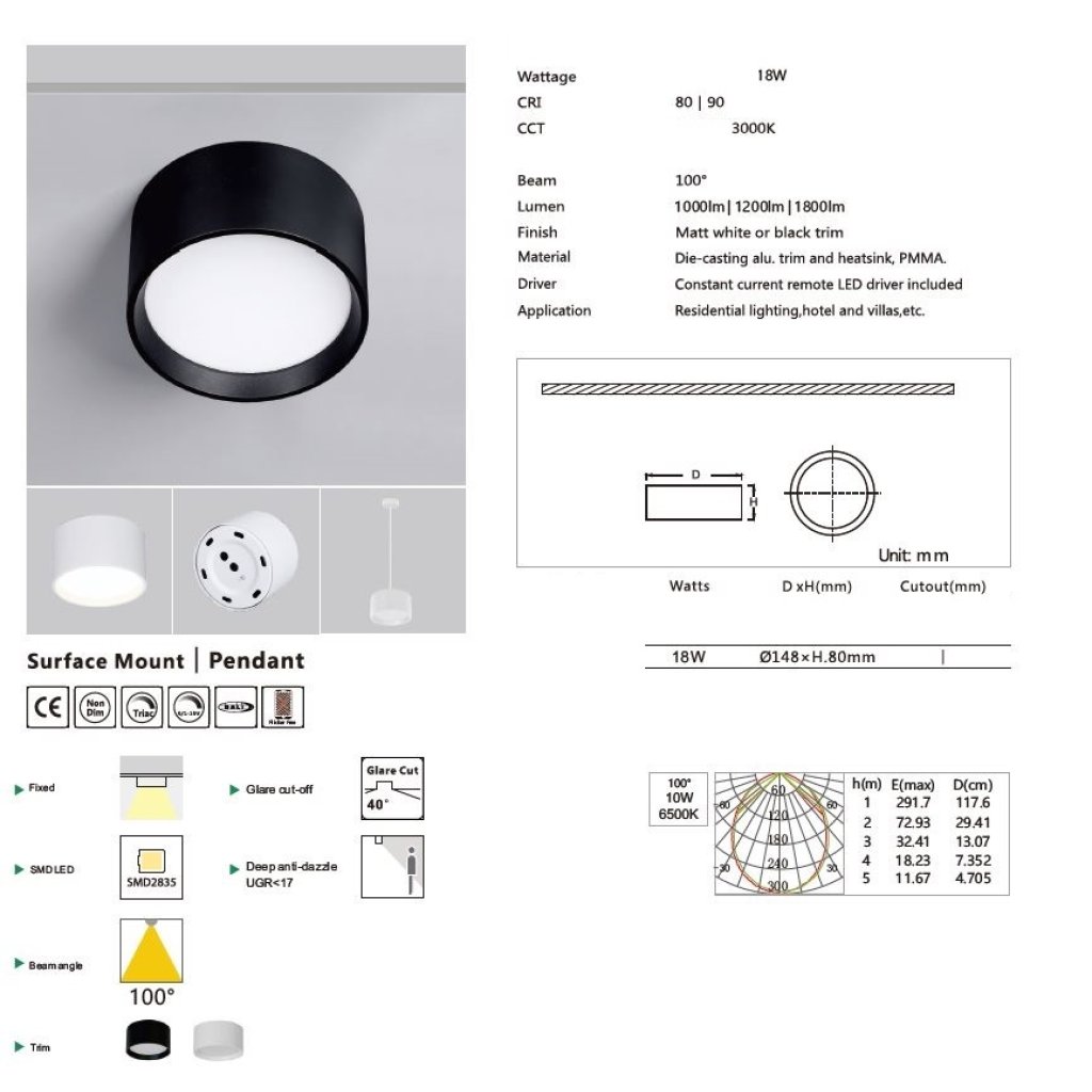 LED světlo kulaté 18W, ø148mm, 3000K