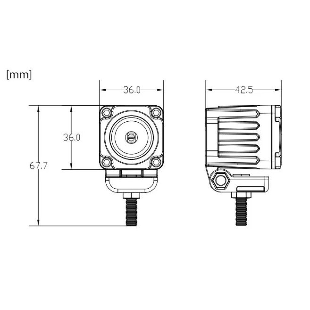 LED světlo mini čtvercové, 1x10W, 36x36mm, bodový paprsek, ECE R10