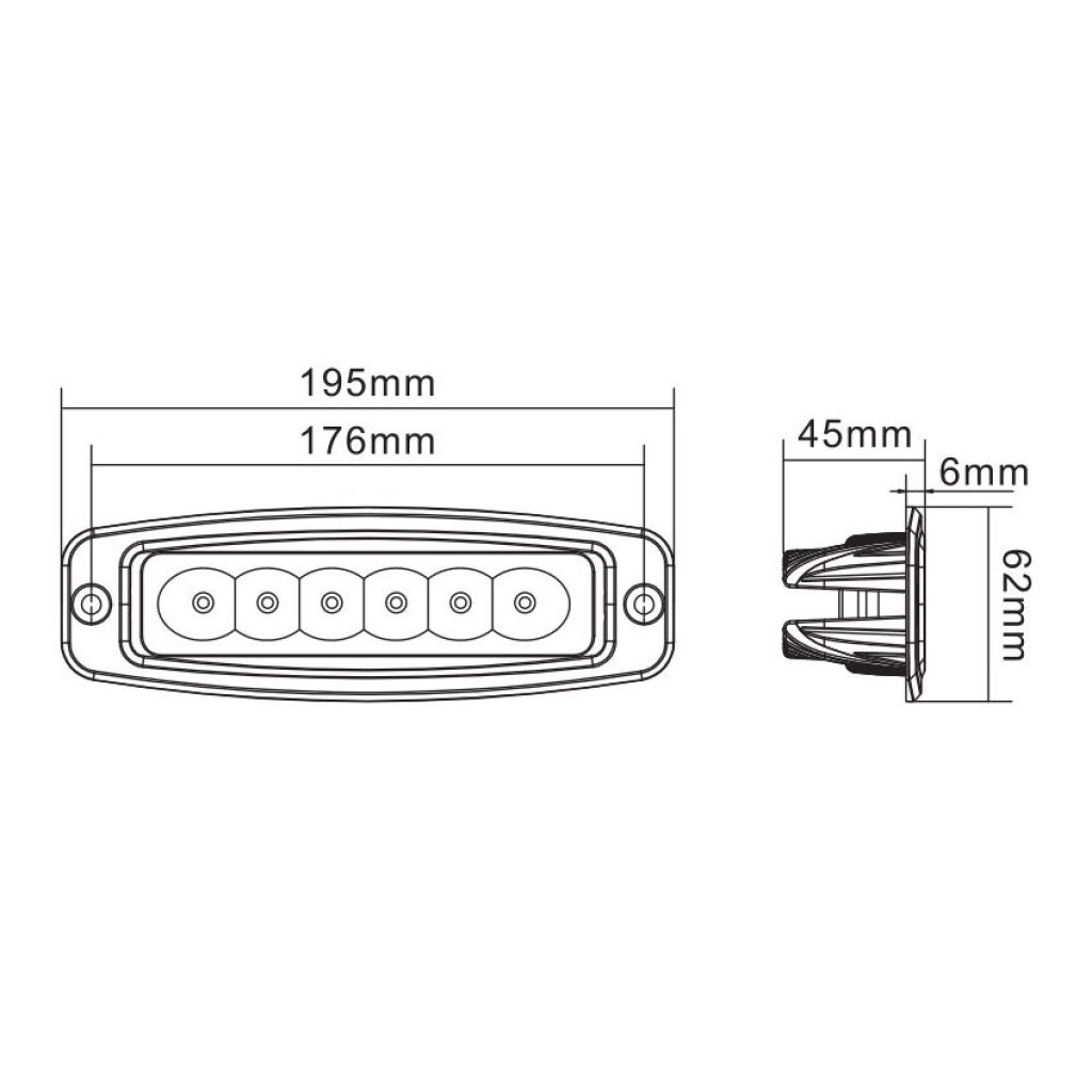 LED světlo obdélníkové, 6x3W, 195x62x45mm, ECE R10