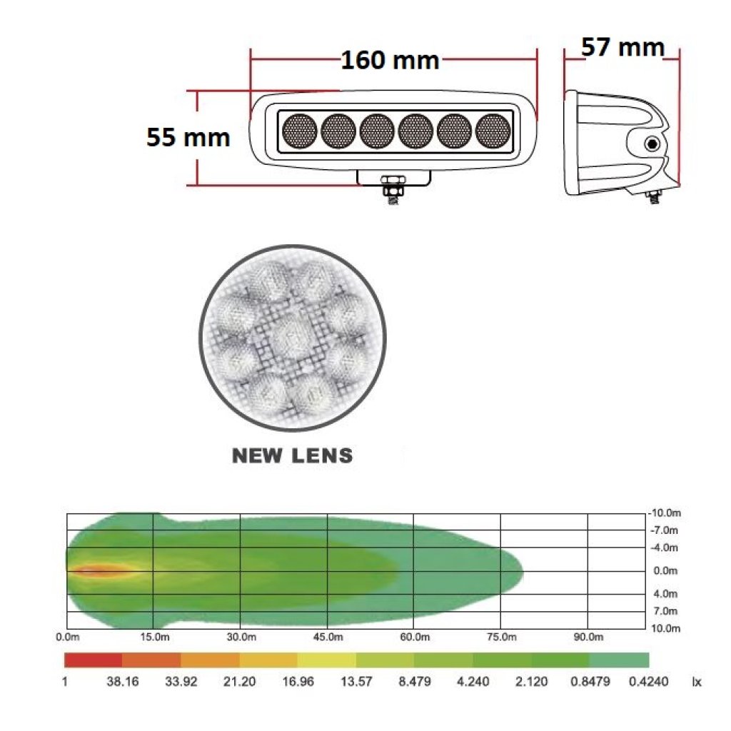 LED světlo obdélníkové, bílé/oranžové, 6x3W/6x1W, 160mm, ECE R10