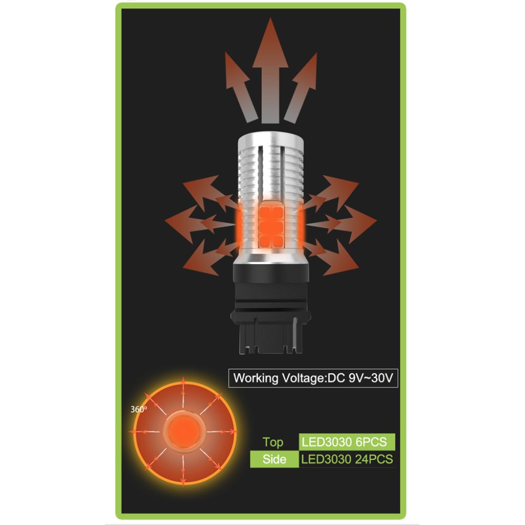 LED T20 (7440) oranžová, 12-24V, 30LED/3030SMD