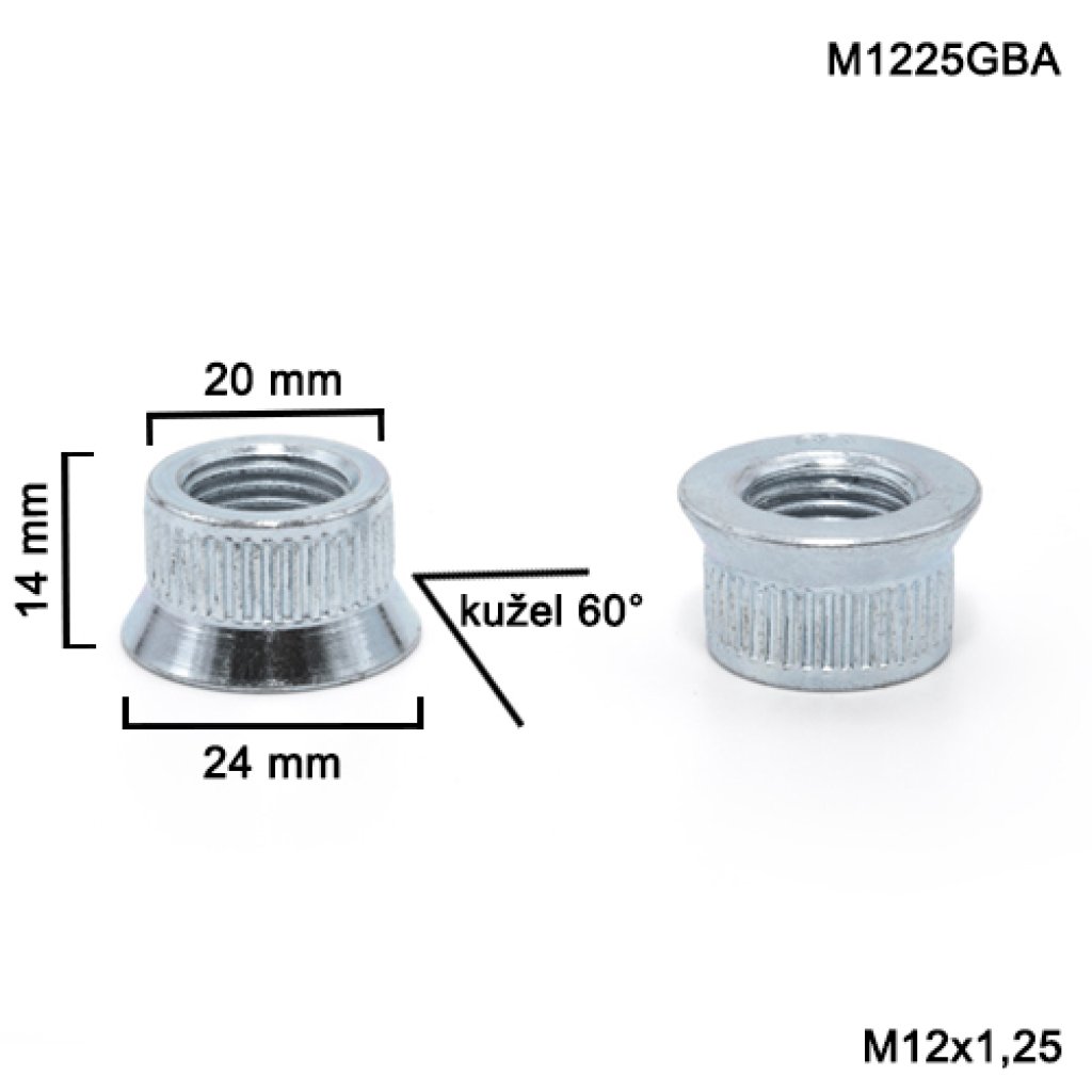 Matice M12x1,25 (M1225GBA); kulaté do rozšiřovacích podložek, průměr 20mm, výška 14mm